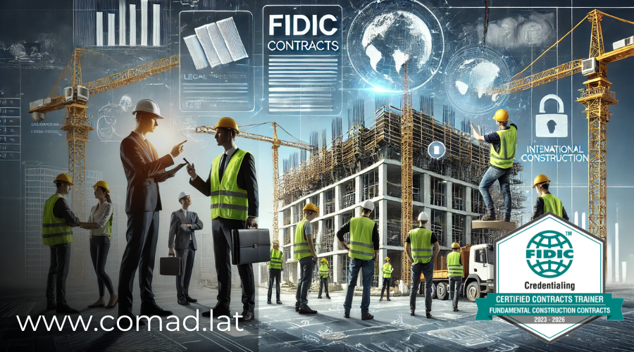 Ingeniero revisando documentos FIDIC en obra, América Latina