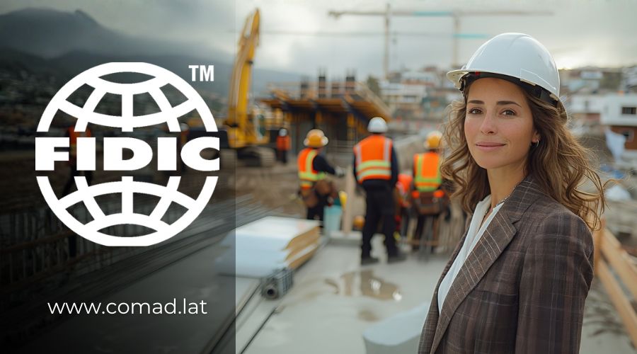 Logo FIDIC sobre fondo de proyecto de infraestructura en Latinoamérica