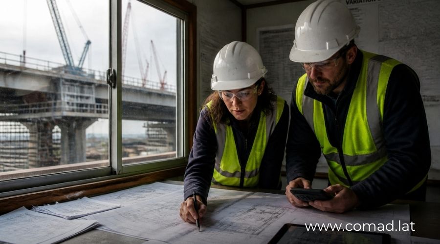 Ingenieros revisando documentos de variación de obra en proyecto de infraestructura