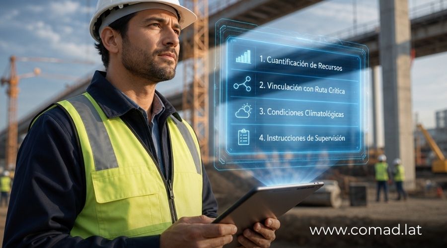 Infografía detallada sobre los 4 datos mínimos que un ingeniero de sitio debe registrar en la bitácora bajo el estándar FIDIC para proteger el derecho a reclamo.