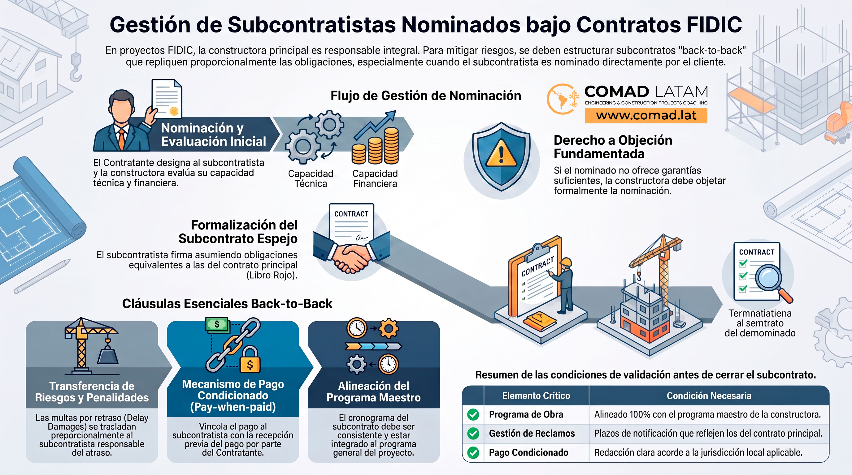 Diagrama de flujo que detalla el proceso secuencial para la gestión y mitigación de riesgos con Subcontratistas Nominados bajo las reglas de un contrato principal FIDIC