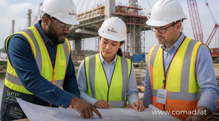 Equipo multidisciplinario de ingenieros y abogada de COMAD LATAM analizando planos y un contrato FIDIC ante posibles discrepancias de diseño en una obra de infraestructura.