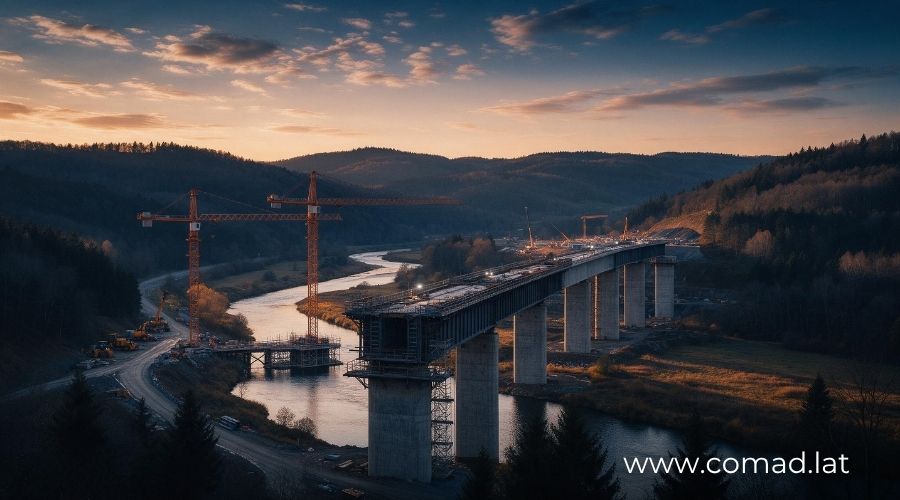 Viaducto de concreto en construcción sobre un valle al atardecer, en un proyecto de infraestructura financiado por banca multilateral