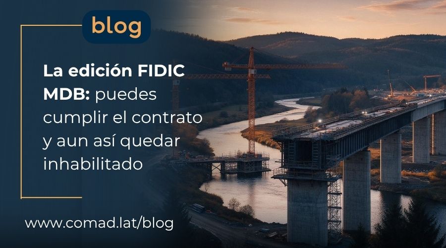 Portada del artículo sobre la edición FIDIC MDB, con un viaducto en construcción al atardecer en un proyecto financiado por banca multilateral