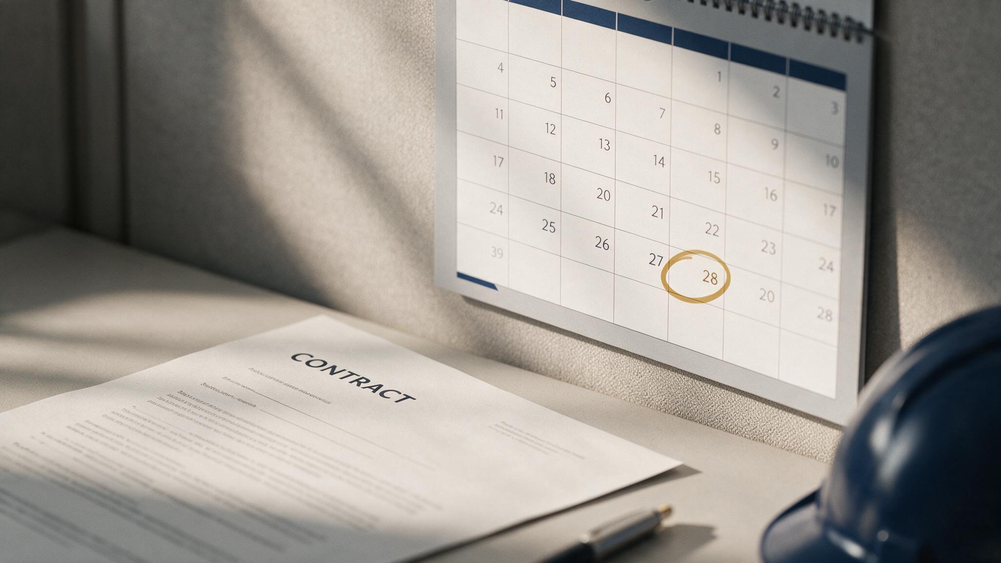 Calendario de escritorio con el día 28 marcado en dorado junto a un contrato FIDIC y un casco de obra