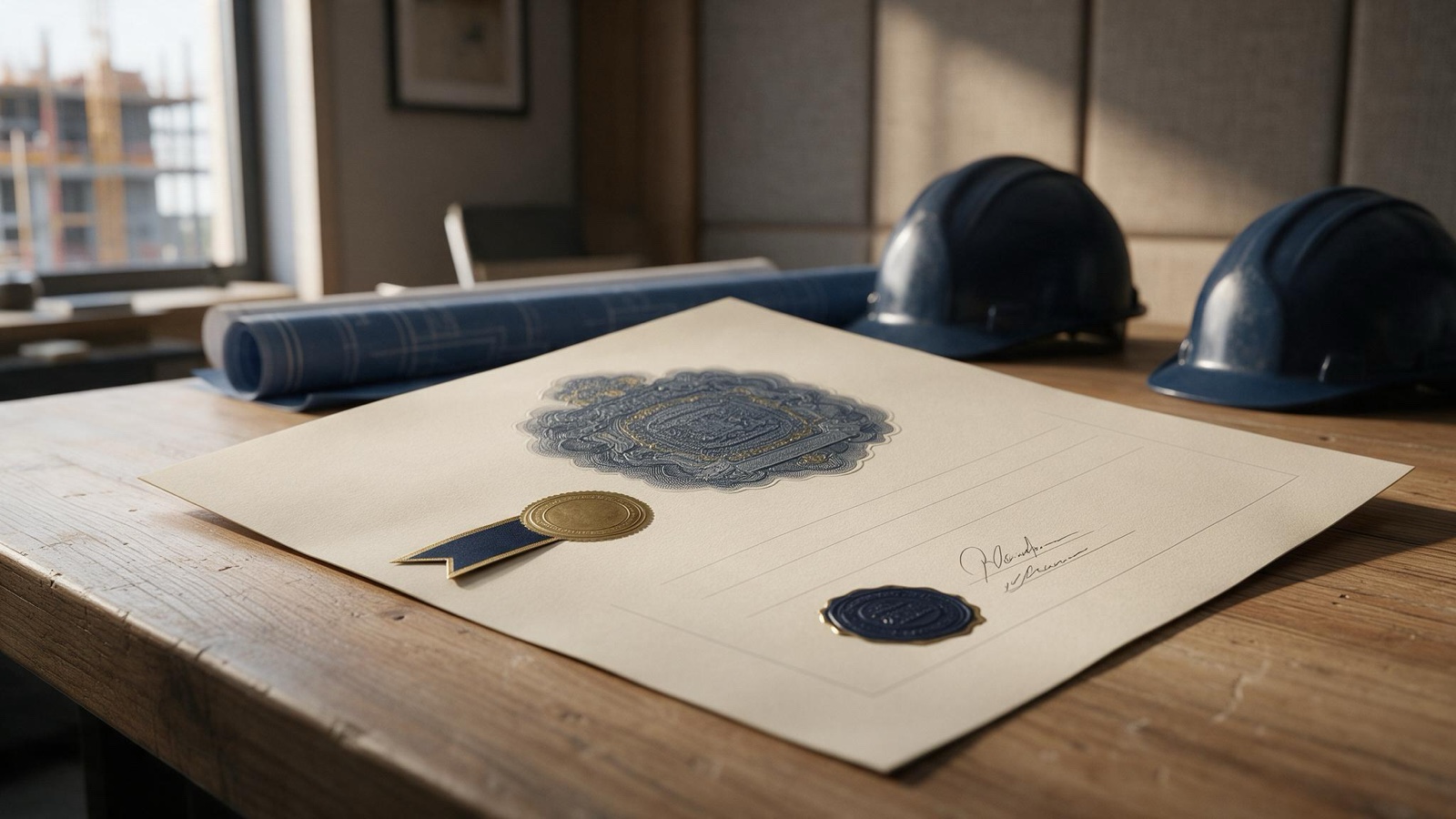 Documento de garantía bancaria firmado sobre un escritorio, con planos de obra al fondo