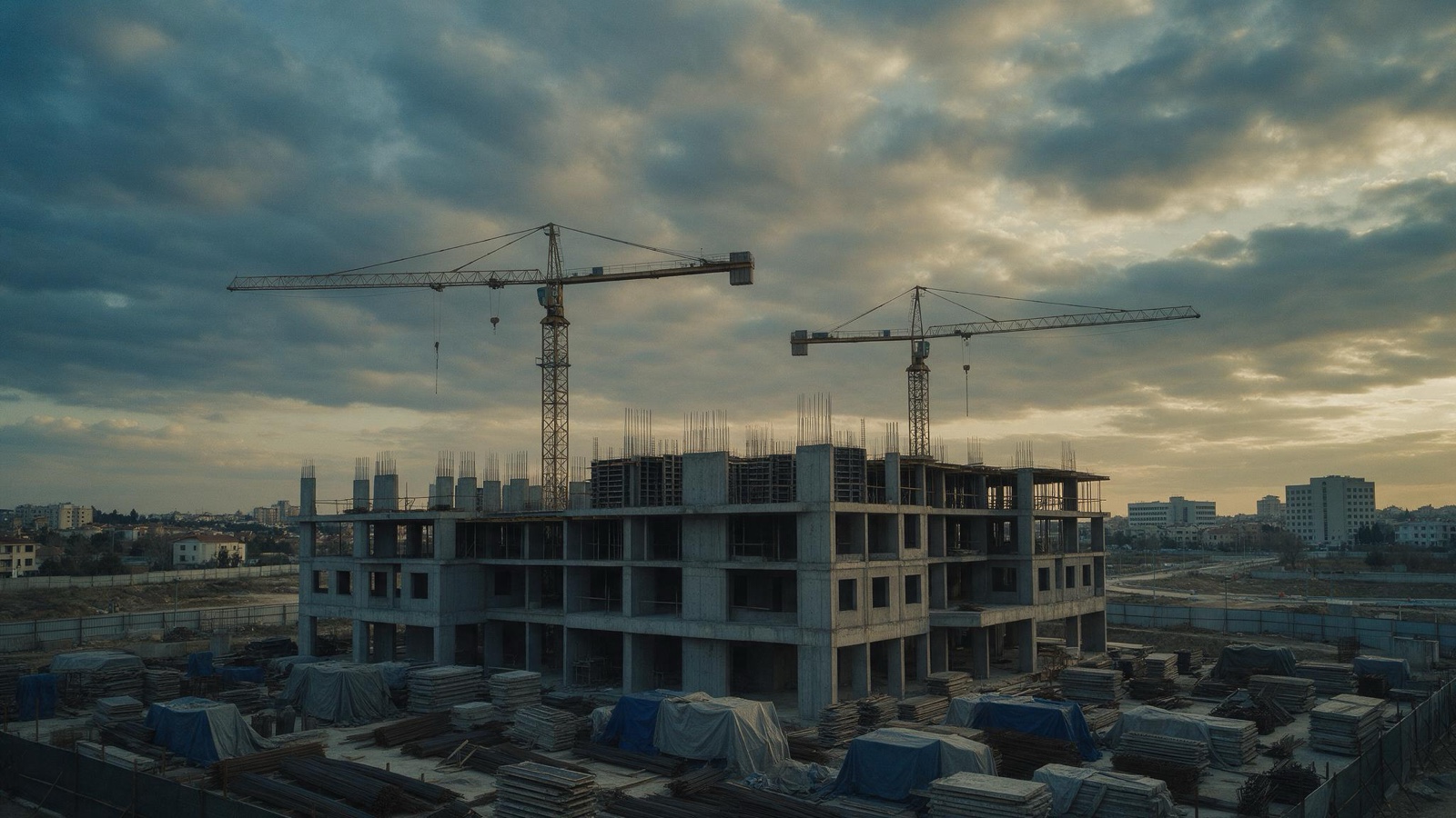 Obra de construcción detenida al atardecer, con grúas paradas y materiales cubiertos con lonas, sin personal en sitio