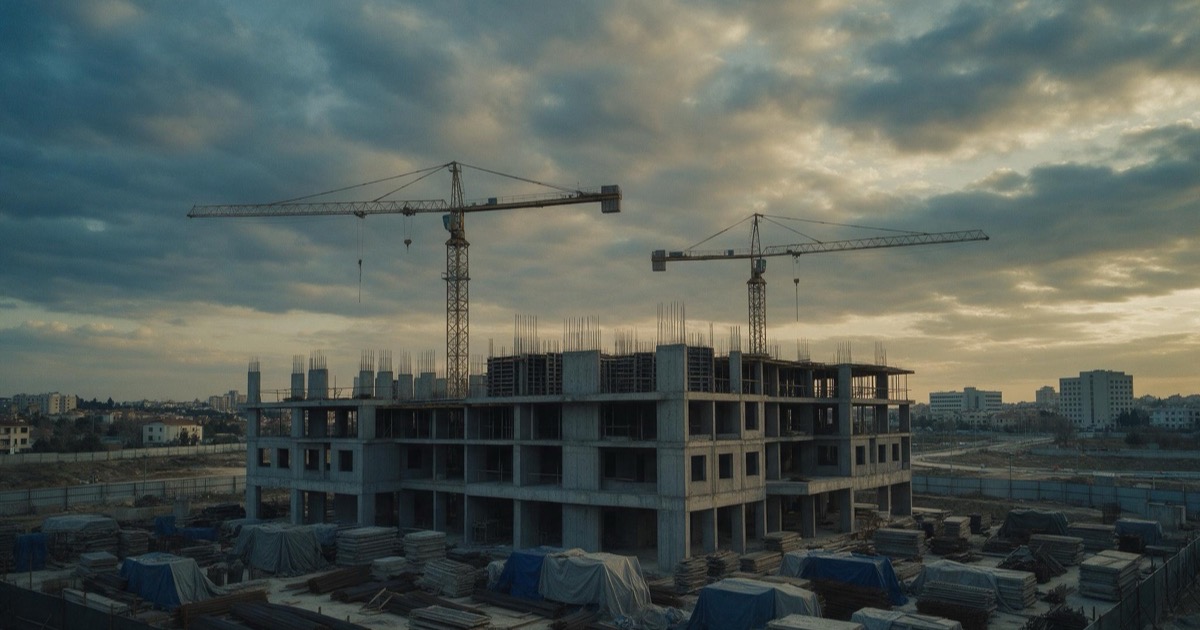 Obra de construcción detenida al atardecer, con grúas paradas y materiales cubiertos con lonas, sin personal en sitio