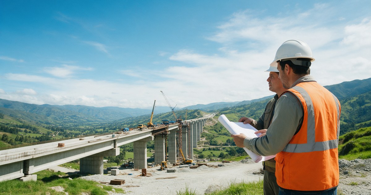 Ingeniero con casco y chaleco naranja supervisa la construcción de un viaducto de infraestructura en Latinoamérica