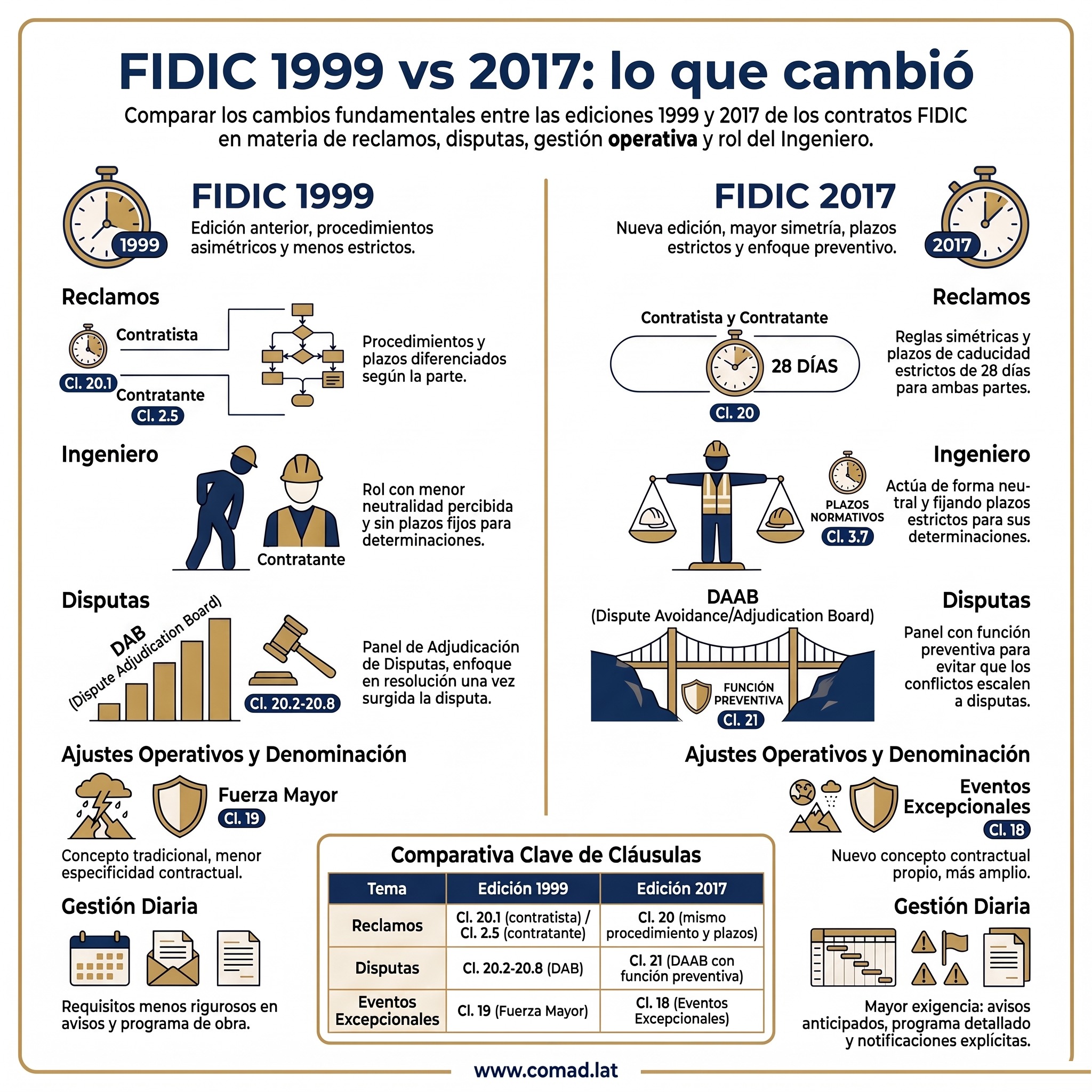 FIDIC 1999 vs 2017: lo que cambió Infografía comparativa FIDIC 1999 vs 2017: reclamos, rol del Ingeniero, disputas, eventos excepcionales y gestión diaria