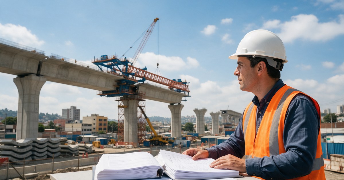 Contrato FIDIC 1999 o 2017 en un proyecto de infraestructura Ingeniero de obra con los documentos del contrato FIDIC frente a un viaducto en construcción con grúas
