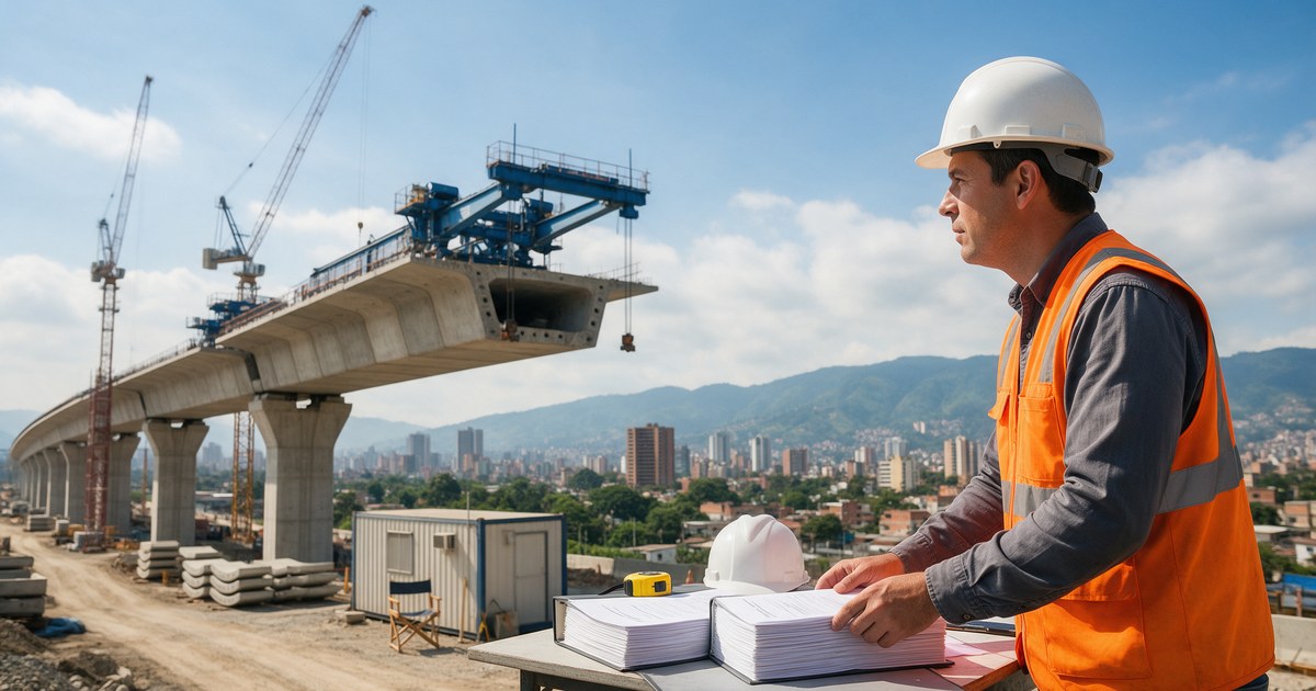 Ingeniero revisa documentos de un contrato FIDIC frente a un viaducto urbano en construcción