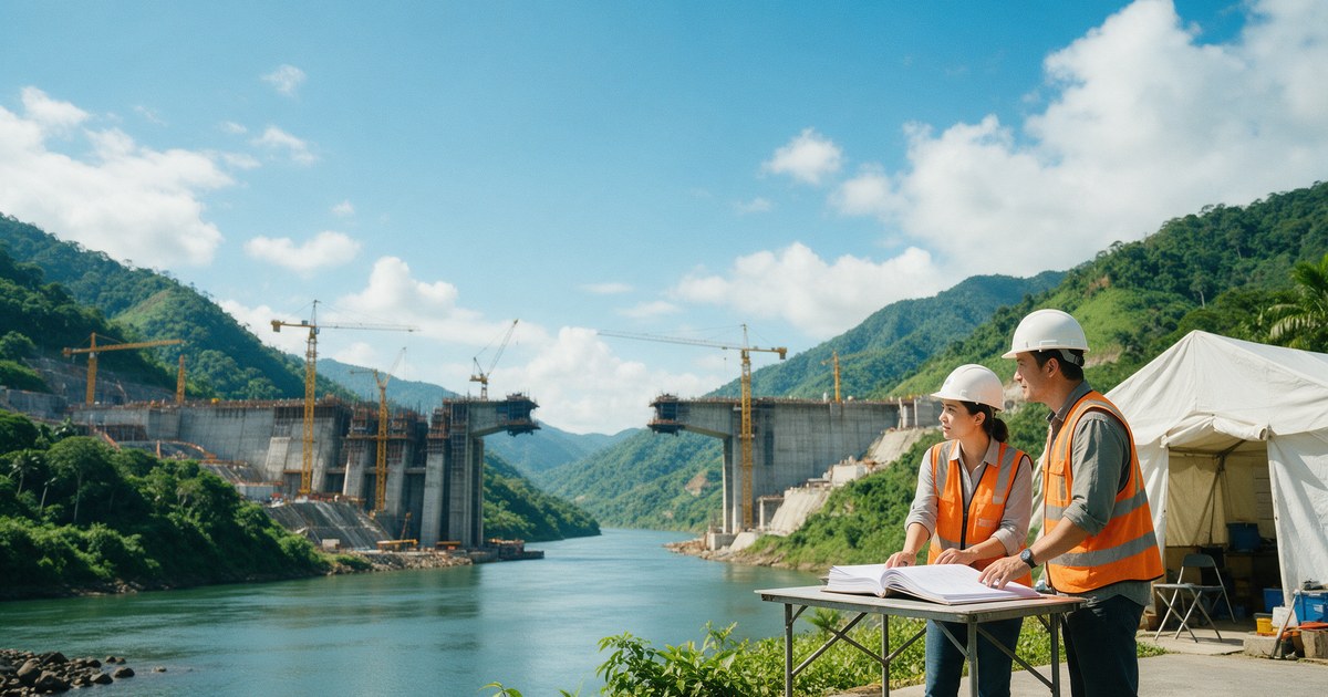Equipo de proyecto revisa un contrato FIDIC encuadernado junto a una obra de infraestructura sobre un río