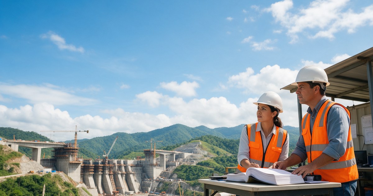 Ingeniera e ingeniero revisan un contrato FIDIC en una mesa de campo frente a una presa en construcción